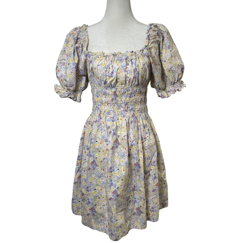Levis Womens L Floral Smocked Mini Dress With Puff Sleeves & Pockets Coquette